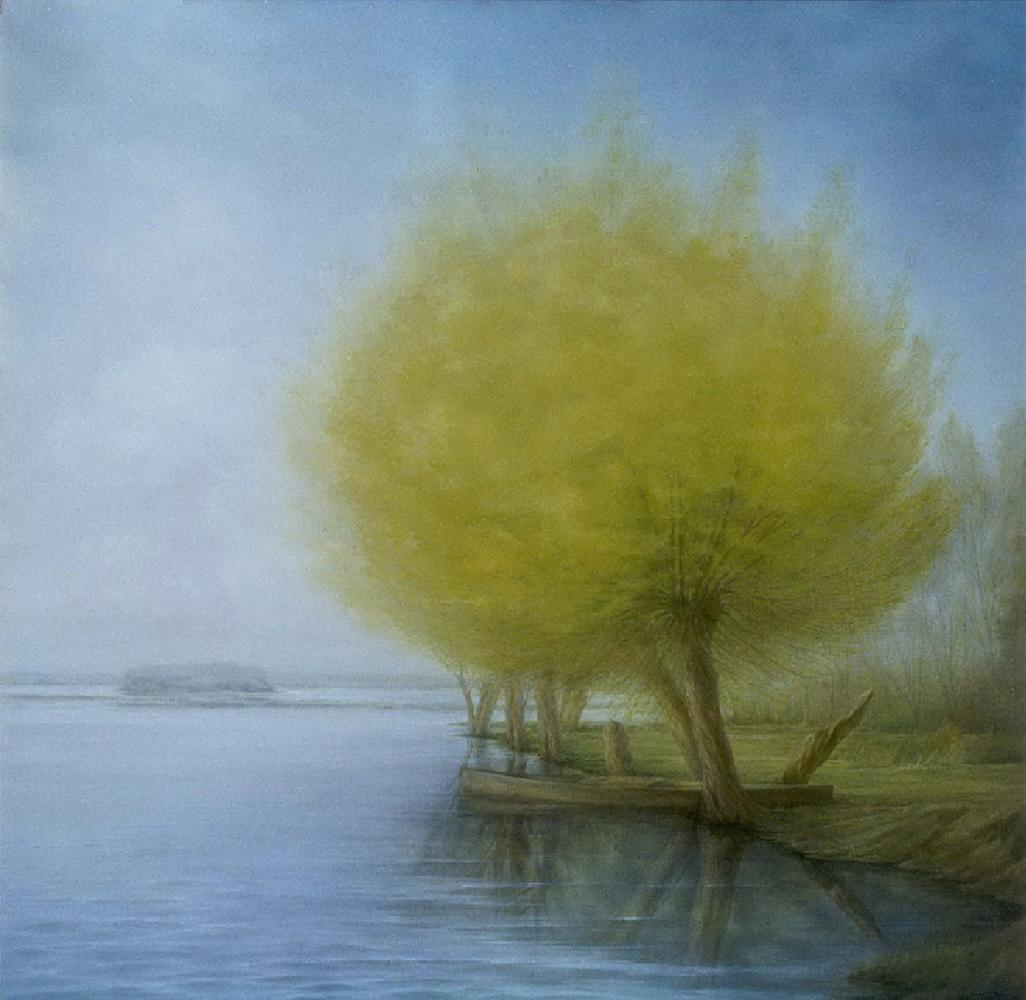 Oil painting of vibrant yellow tree by quiet river bank by Vasily Korkishko