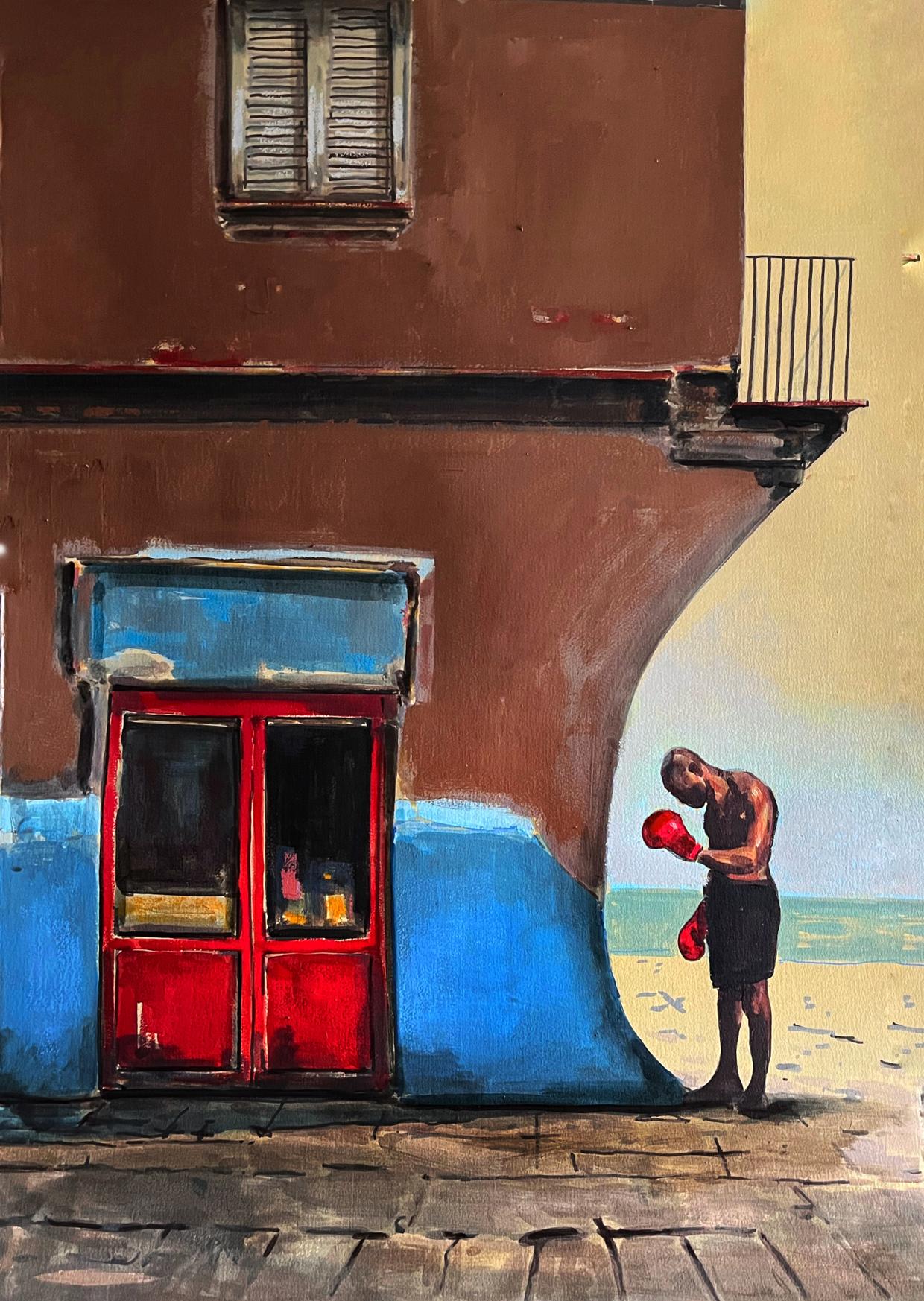 Vibrant red double-door storefront by Juan Angel Gonzalez de la Calle acrylic painting