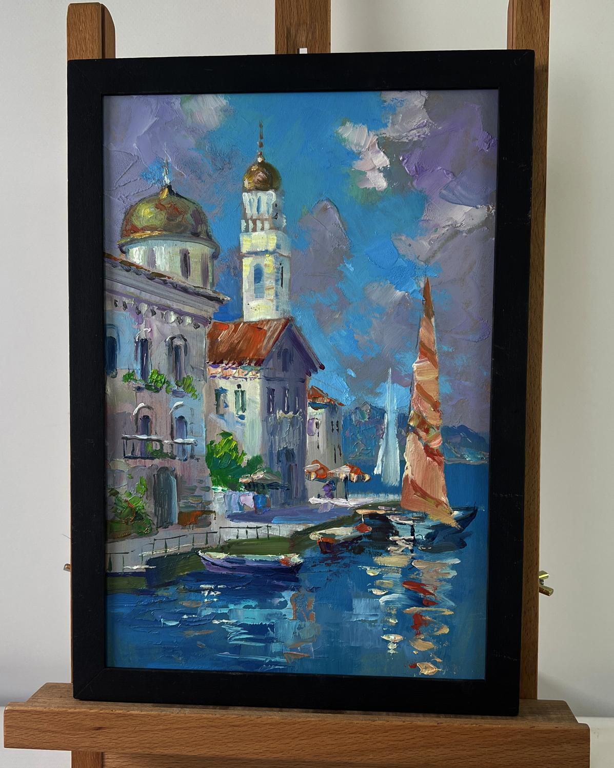 Oil painting The sea gently caresses the buildings by Yuriy Suprunchuk in black frame