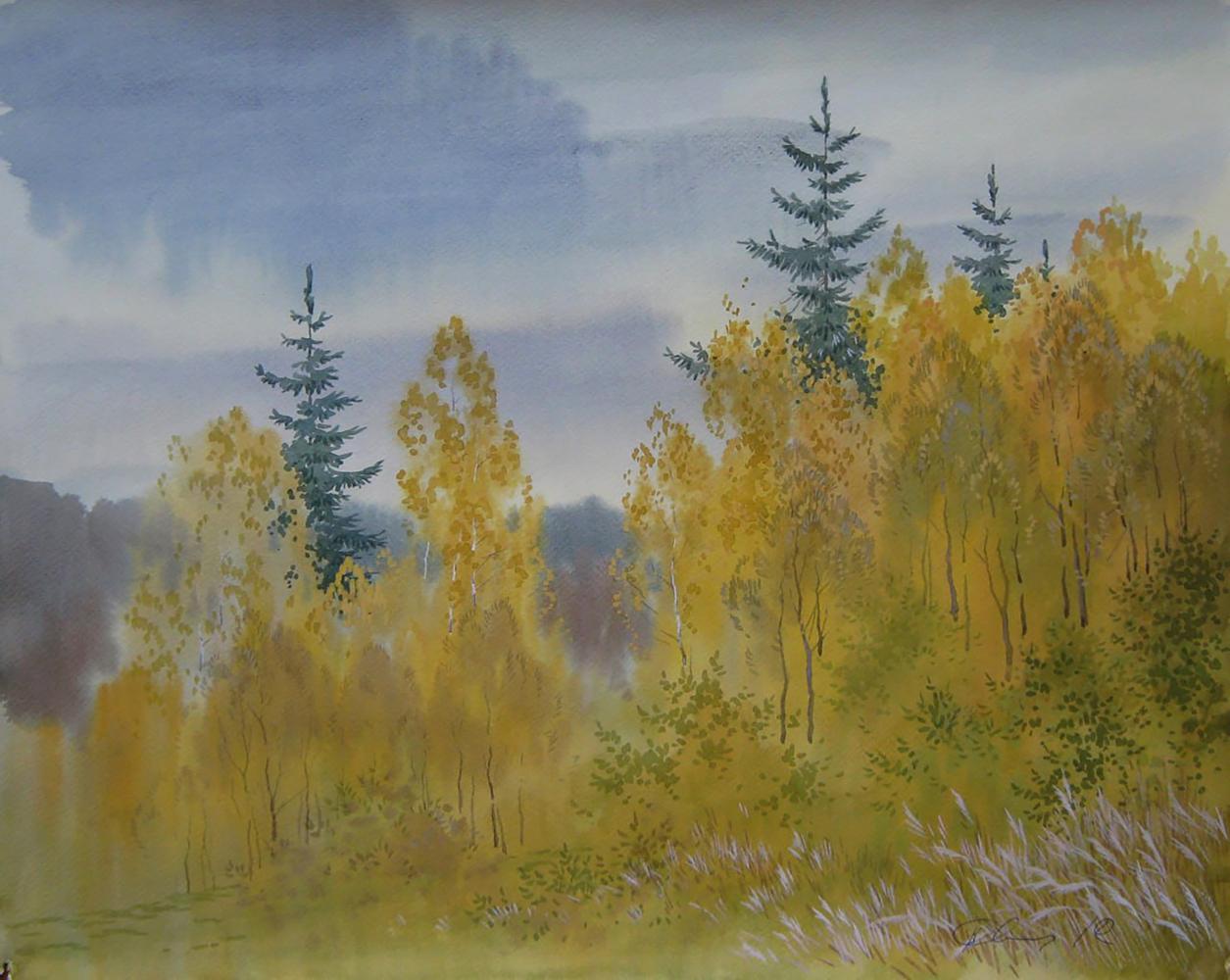 Watercolor autumn yellow forest painting by Valery Savenets