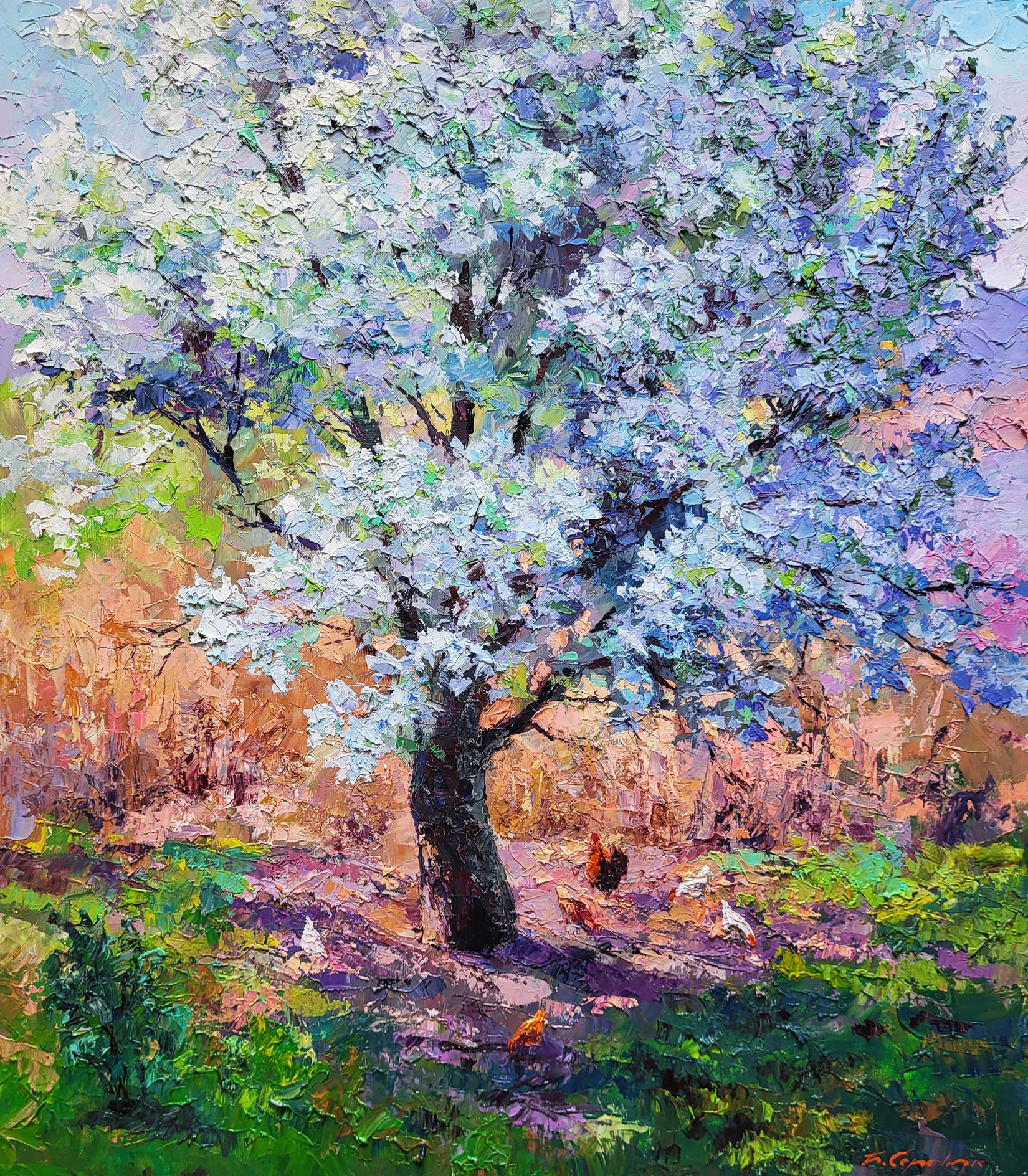 Oil painting of pear blossoms by Boris Serdyuk, impressionist style