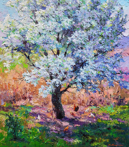 Oil painting of pear blossoms by Boris Serdyuk, impressionist style