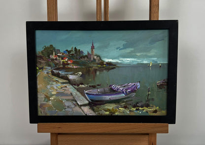 Framed oil painting of city boat ferry by Yuriy Suprunchuk coastal scene