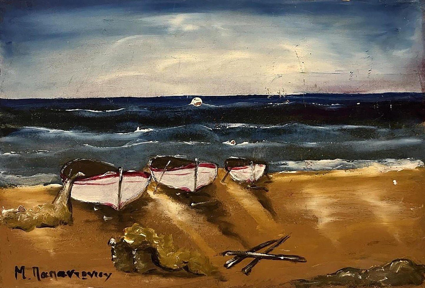 Oil painting of three small white boats with red trim on sandy beach under moody sky