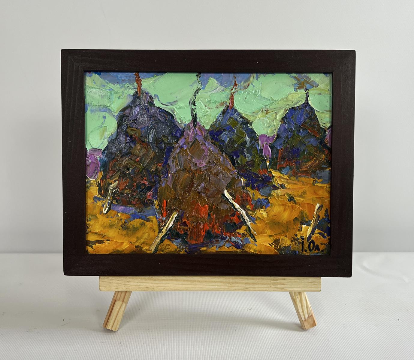 Oil painting of haystacks on golden field with purple green mountains by Oleksiy Ivanyuk