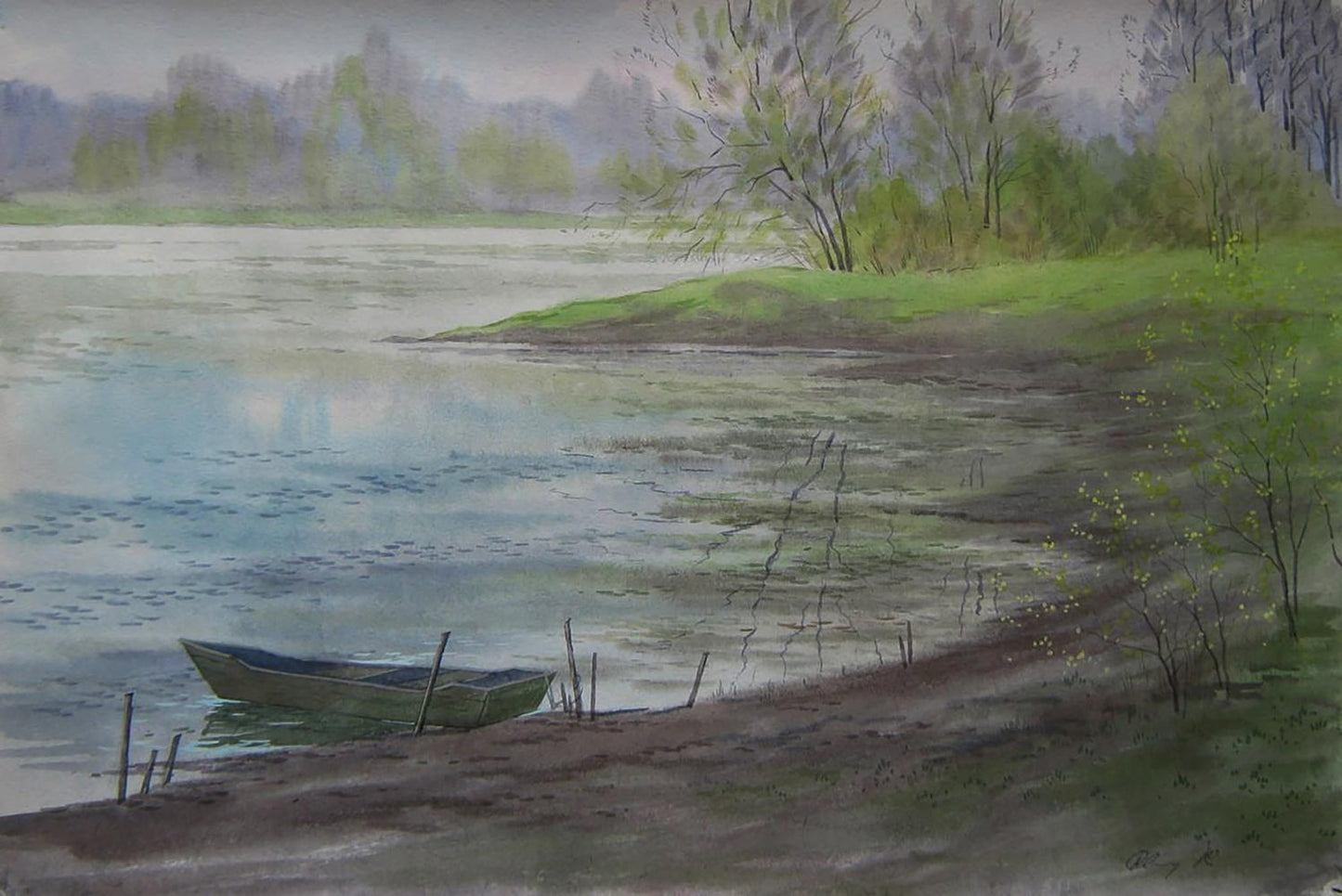 Watercolor painting of old green rowboat by river by Valery Savenets