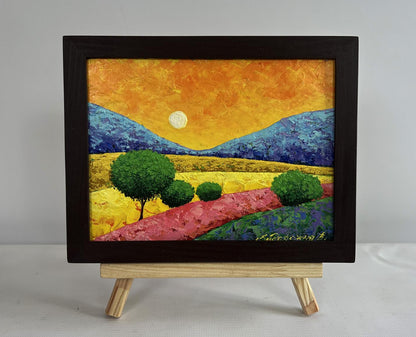 Oil painting Between the field and the mountains by V. Zadorozhnya in wooden frame