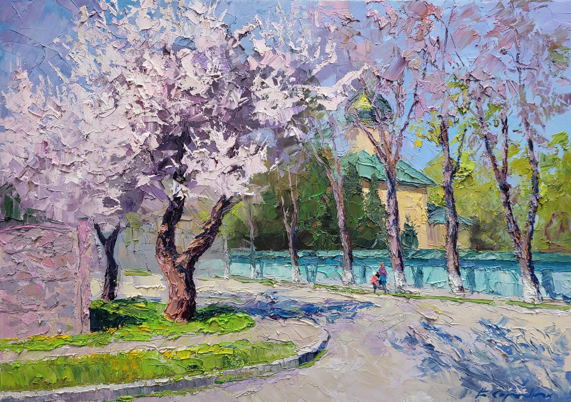 Vibrant impressionist oil painting of apricot blossom by Boris Serdyuk
