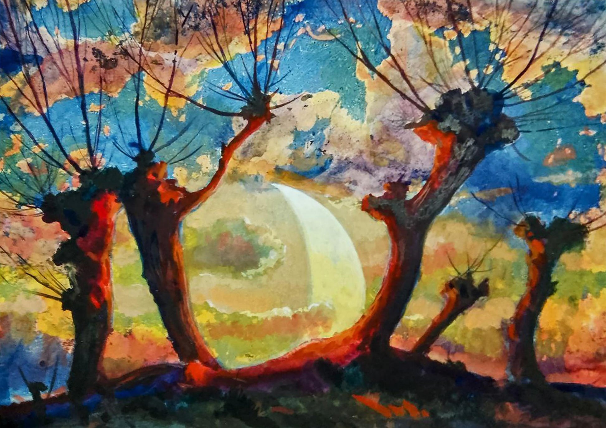 Oil painting Romantic evening by Vitaly Duhnevich: glowing crescent moon amid stylized trees