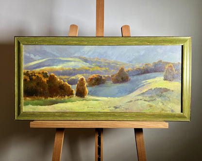 Oil painting Autumn mountains by Tatyana Derdey in olive-green frame