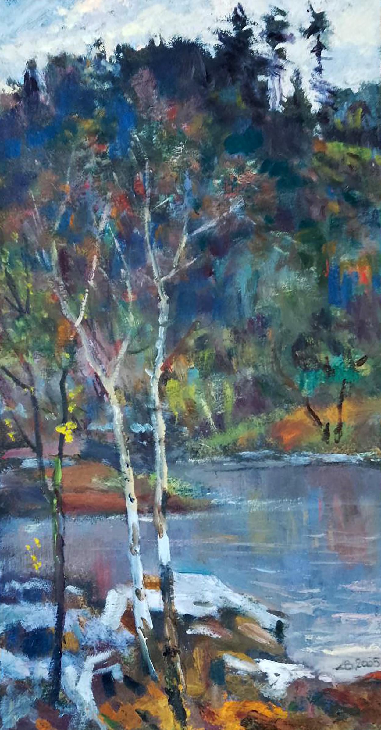 Vibrant impressionist oil painting of birch trees by lake by Vitaly Duhnevich