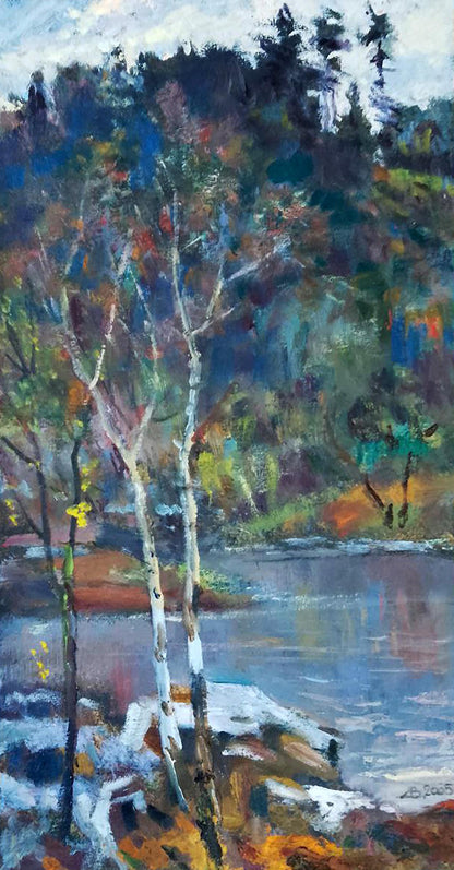 Vibrant impressionist oil painting of birch trees by lake by Vitaly Duhnevich