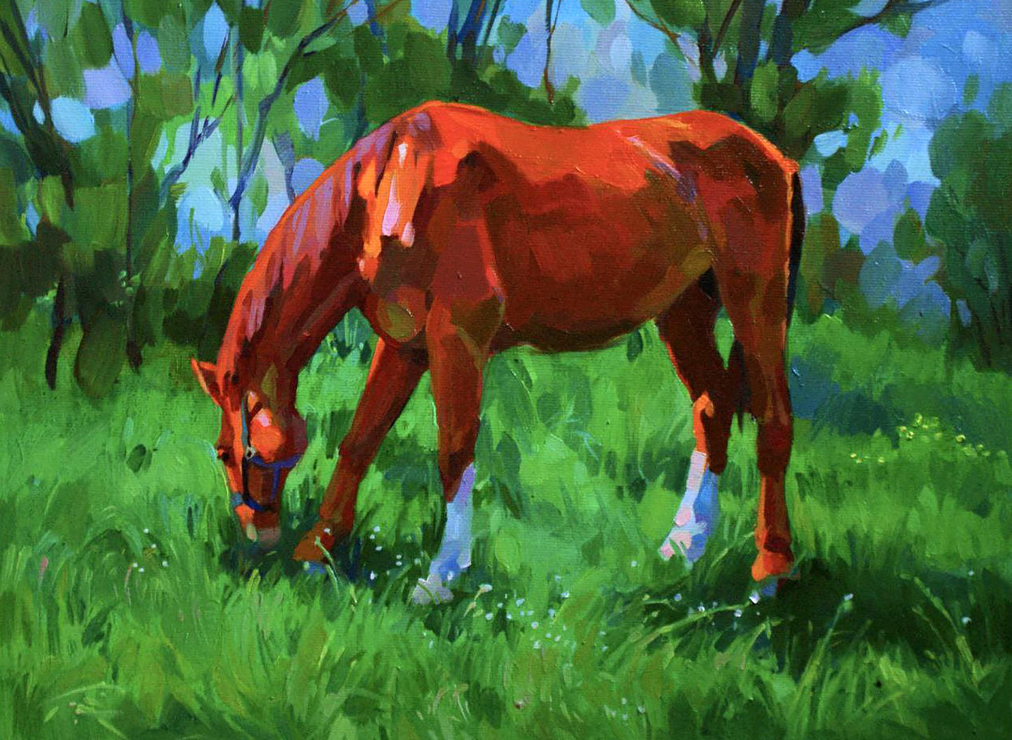 Oil painting Out to pasture by Anastasia Yaroshevich: reddish-brown horse grazing