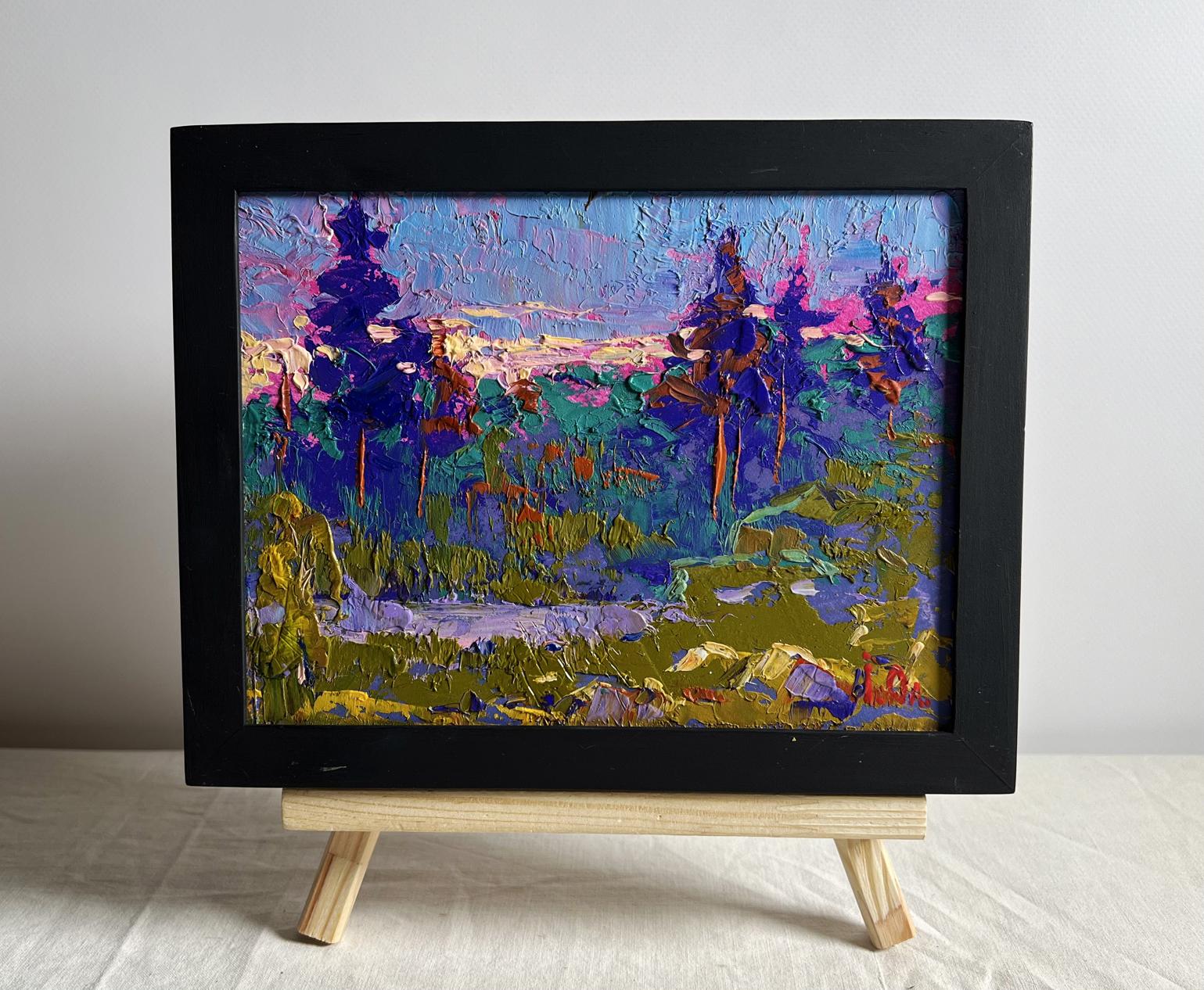 Oil painting Meeting the Dawn in Nature by Oleksiy Ivanyuk in black frame