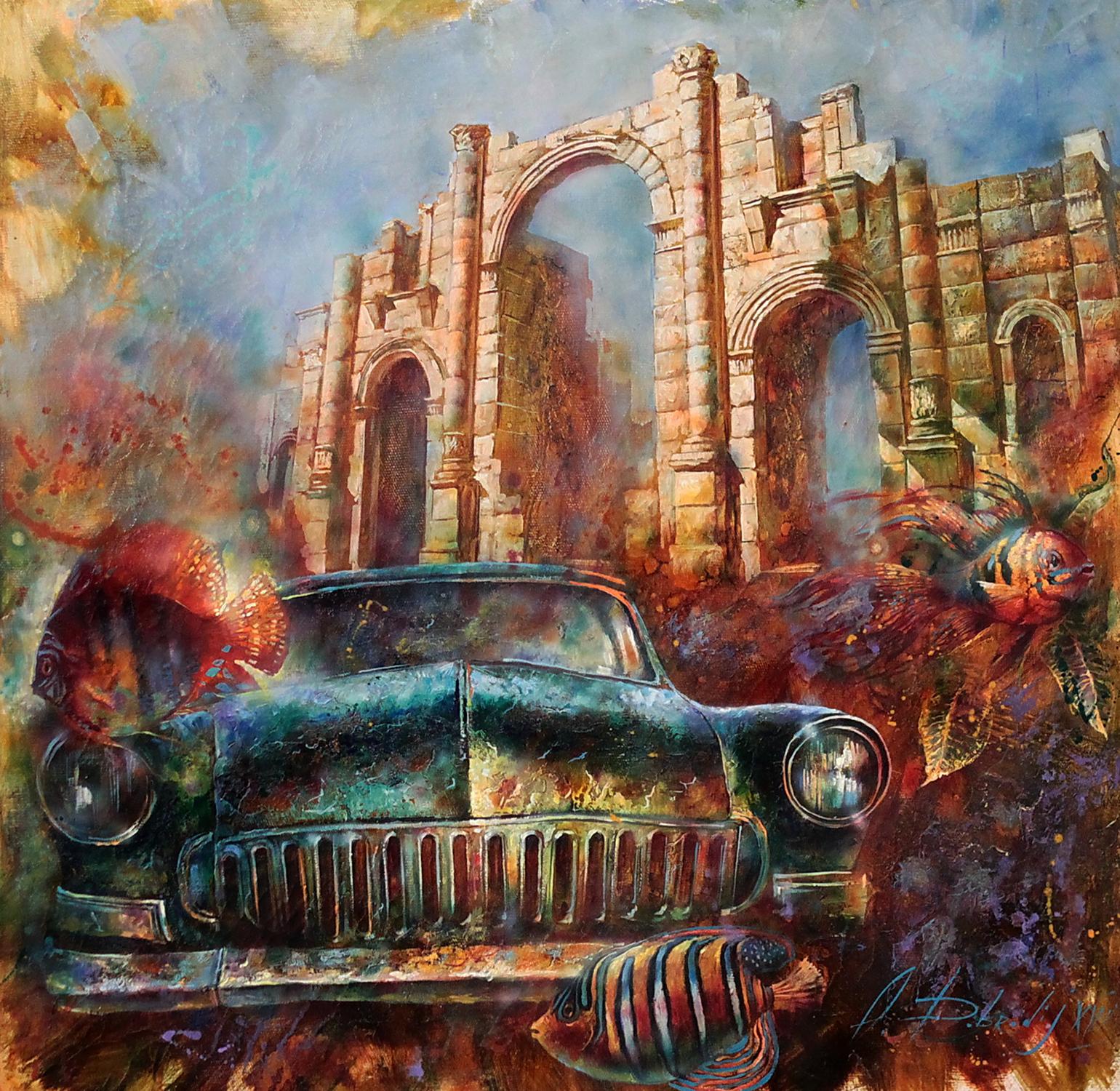 Rusty teal vintage car oil painting Forgotten Motive by Alexander Dobrodiy
