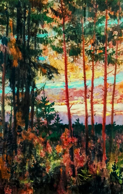 Vibrant impressionist oil painting of red clouds over forest by Vitaly Duhnevich