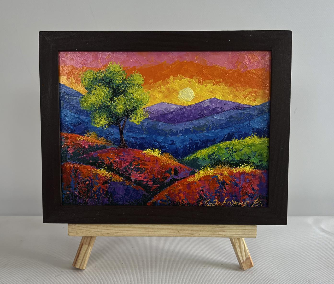 Oil painting Sunset in mountain valley by V. Zadorozhnya, vibrant sunset landscape