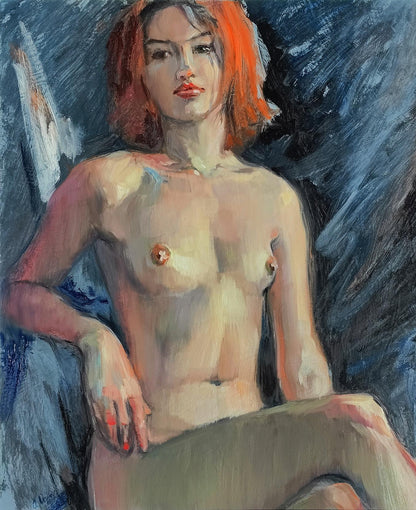 Oil painting portrait of confident female figure Oksana Osnach with fiery red hair