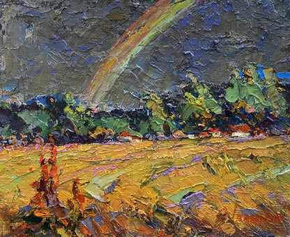 Oil painting Rainbow after the rain by Oksana Ivanyuk, vibrant rainbow over golden field