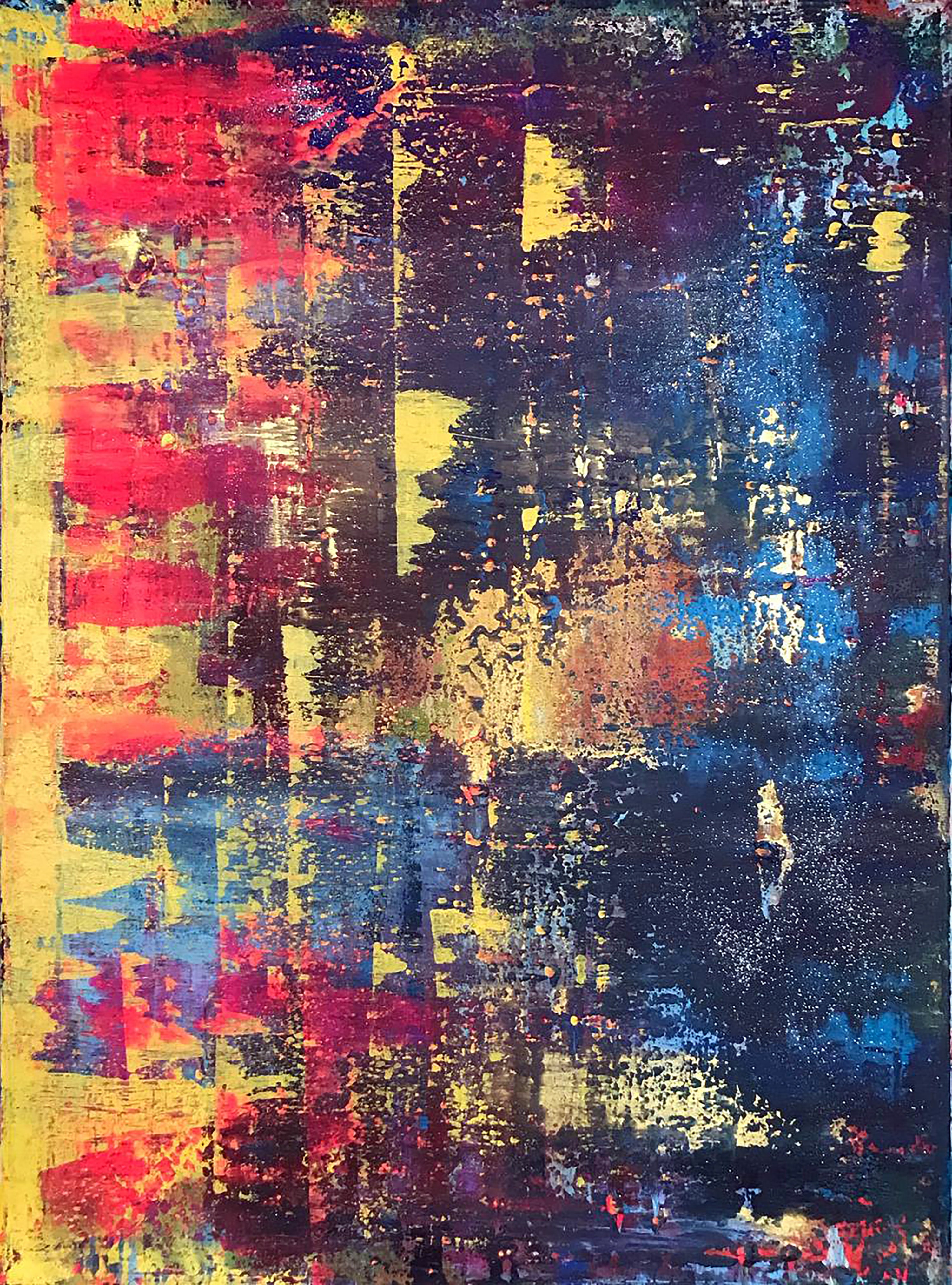 Vibrant abstract A sleepless night painting with bold red yellow blue strokes on textured dark background