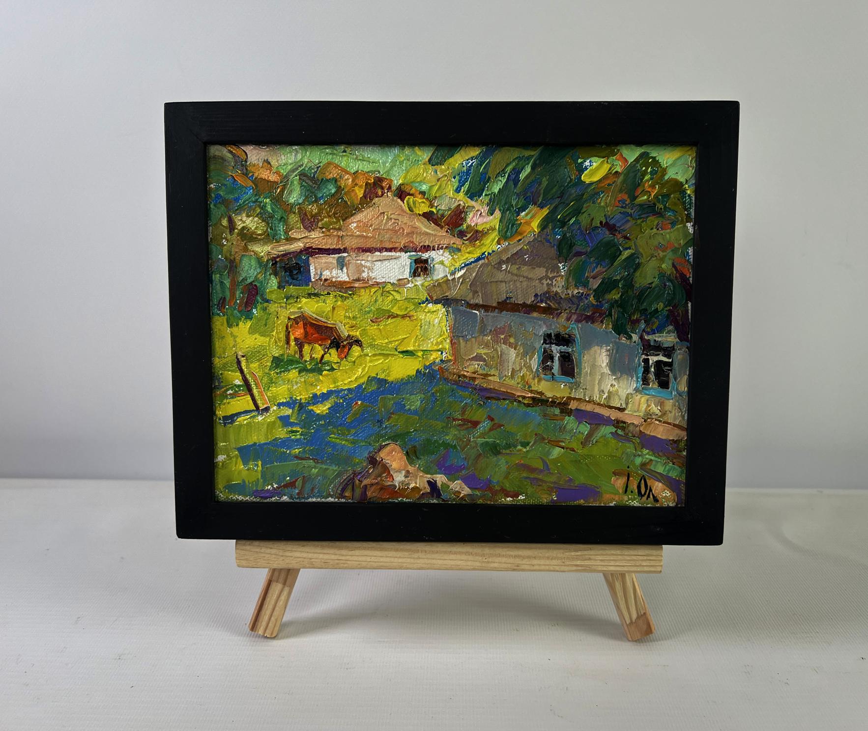 Oil painting Work Silence Under the Evening Sky by Oleksiy Ivanyuk in black frame