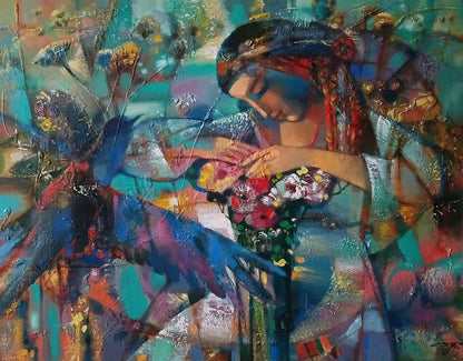 Abstract oil painting of girl with colorful bouquet by Anatoly Tarabanov