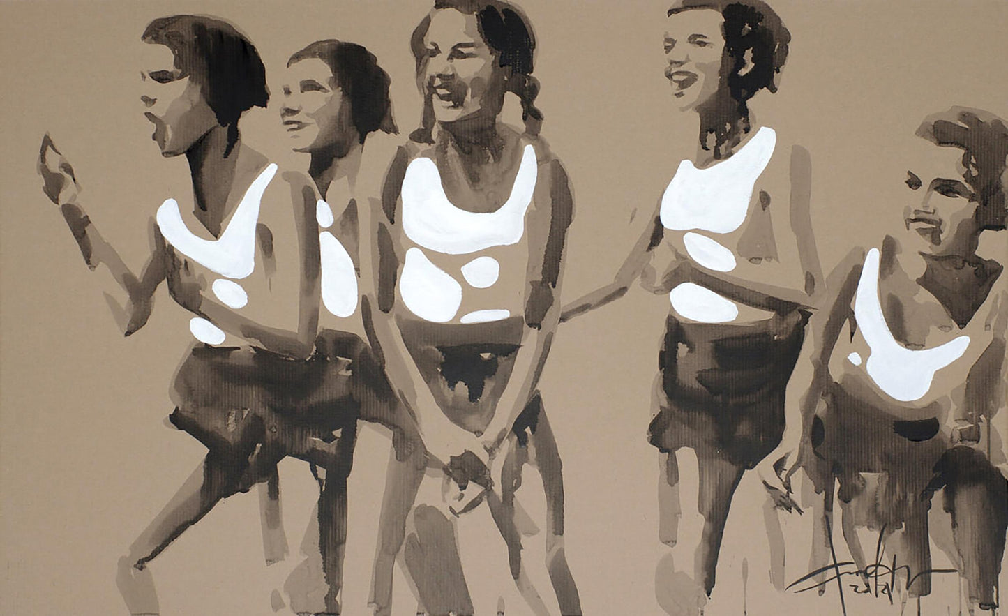 Sepia-toned acrylic painting of five athletic women by Dima Filatov