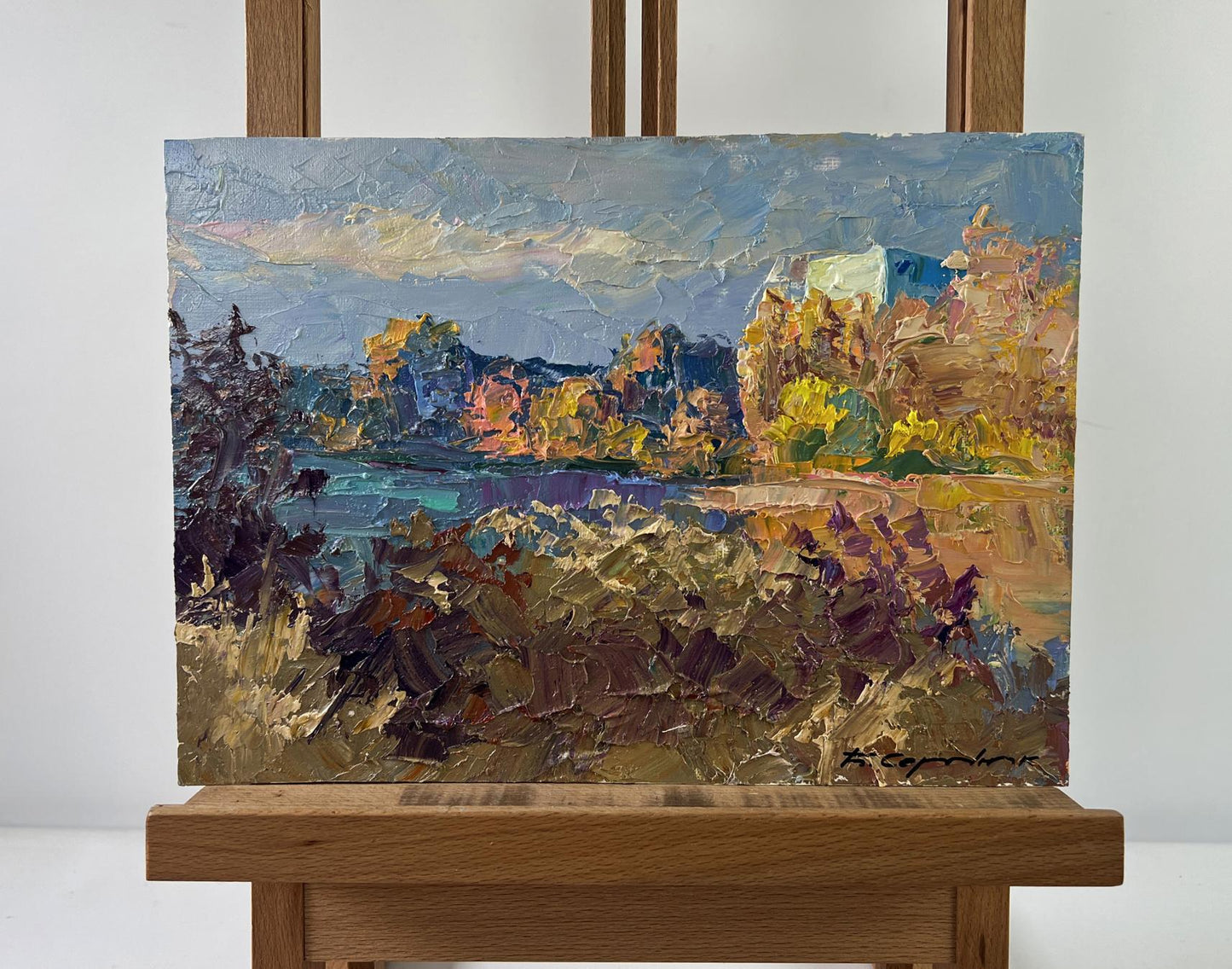 Oil painting August summer day by Boris Serdyuk, vibrant textured autumn landscape