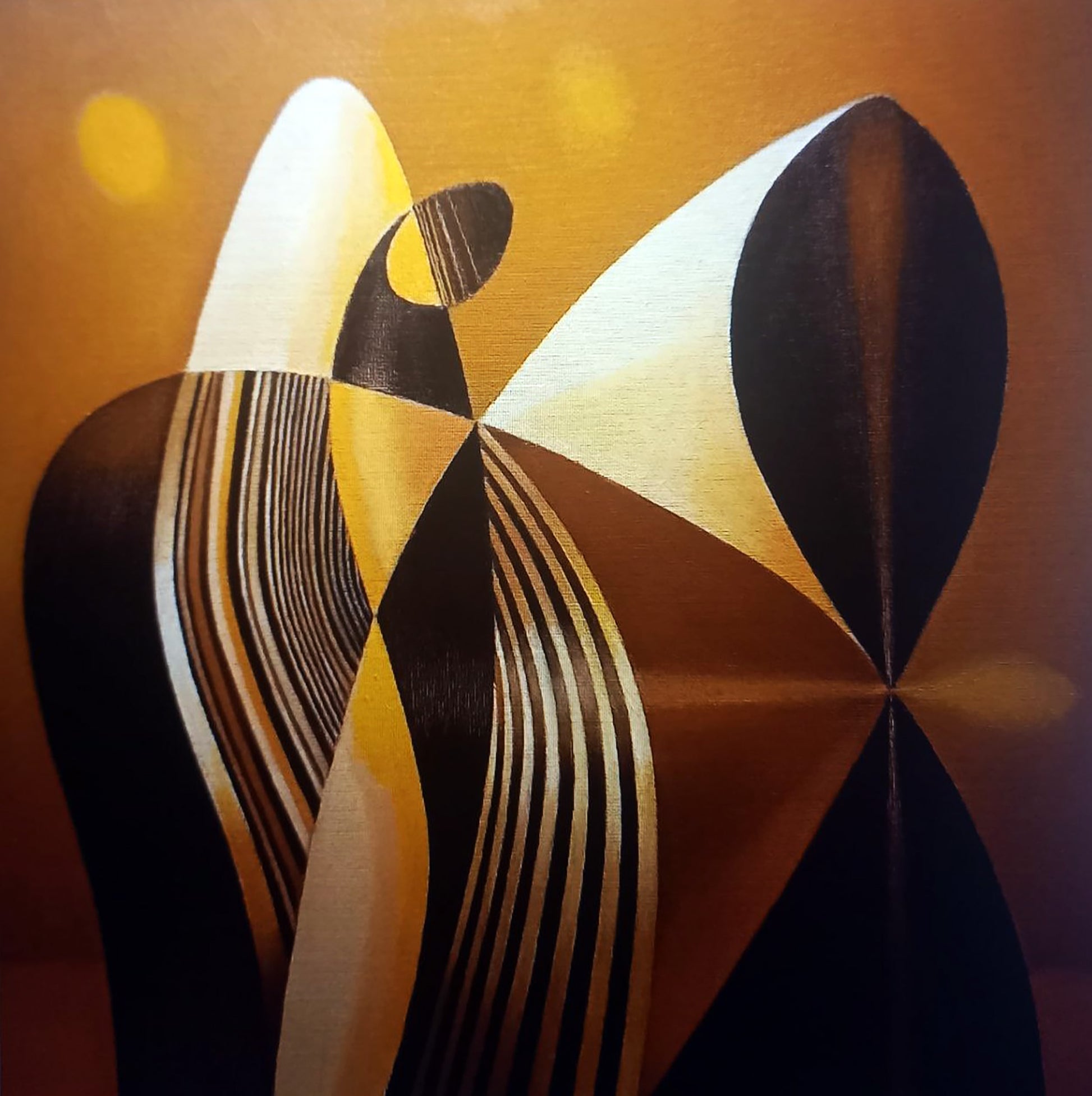 Oil painting Form by Alexander Strashevich: abstract black, white, gold geometric shapes on amber background