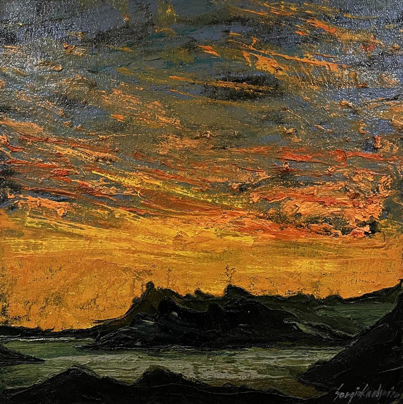 Oil painting Over the Mountains by Serhiy Kovalev sunset view
