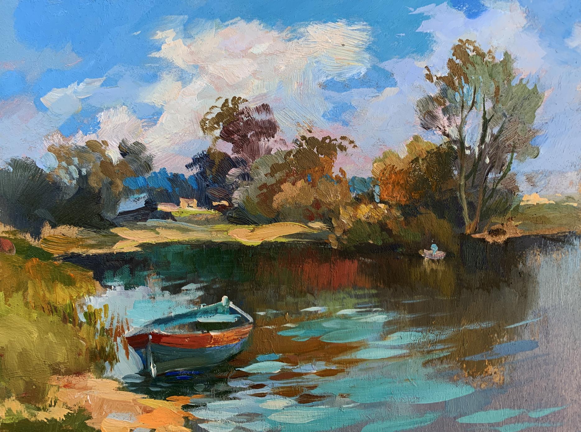 Oil painting by Yuriy Suprunchuk: small rowboat on calm water