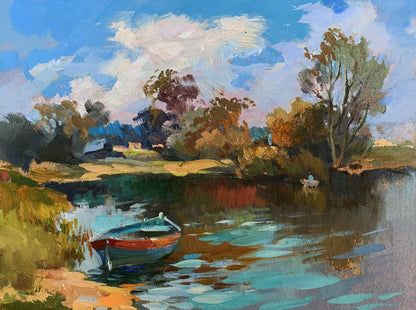 Oil painting by Yuriy Suprunchuk: small rowboat on calm water