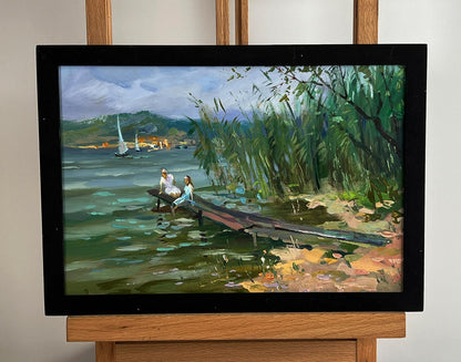 Oil painting Girls by the River by Yuriy Suprunchuk lakeside scene