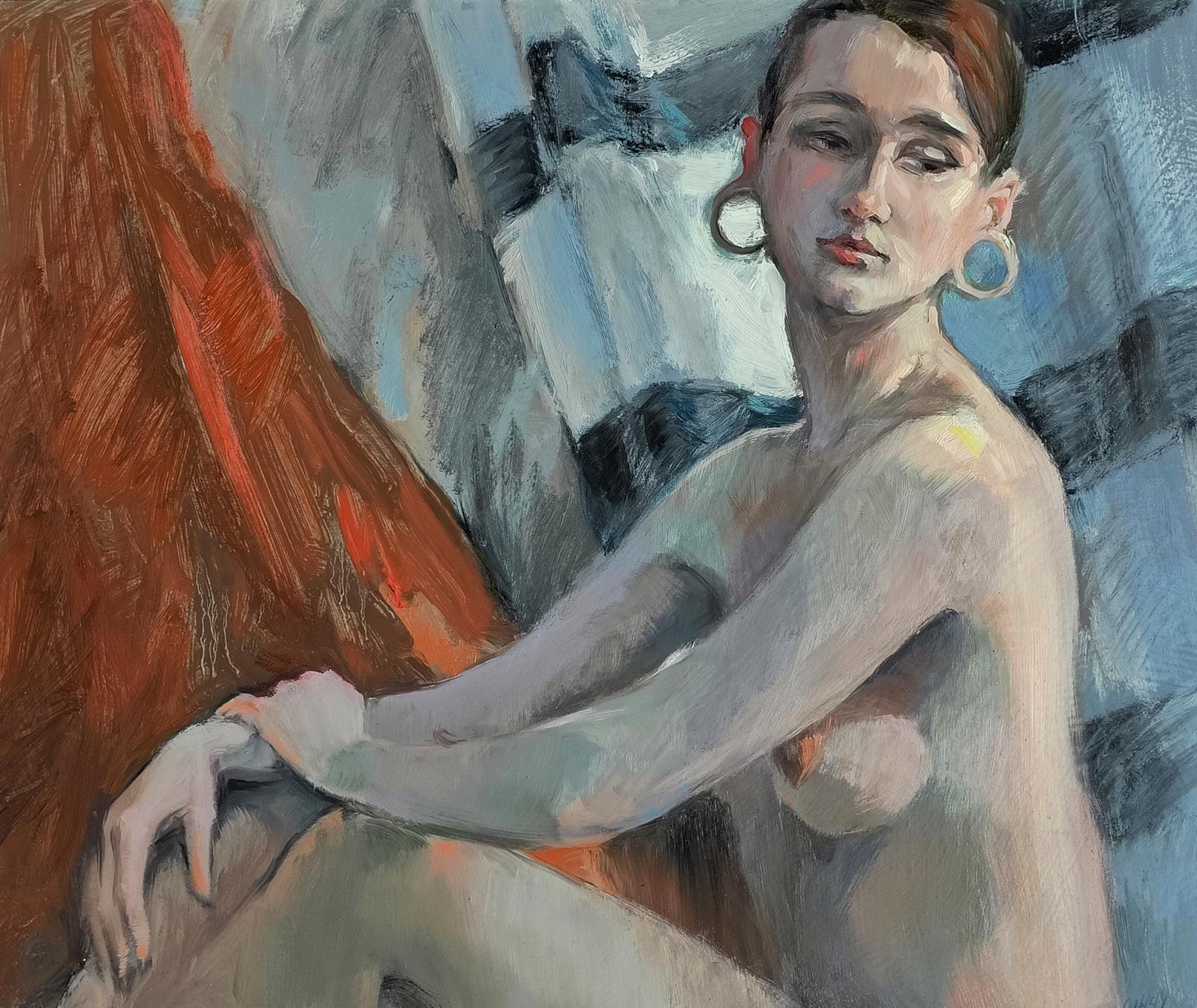Oil painting of pensive girl with hoop earrings by Oksana Osnach