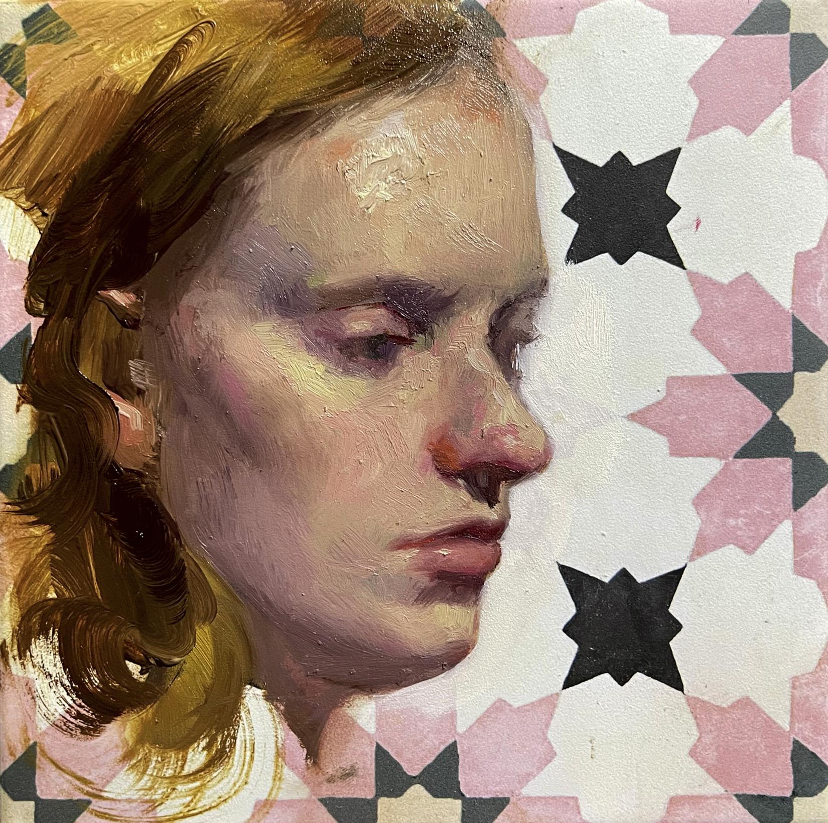 Oil painting portrait of woman Helena Annam Butt with golden-brown hair