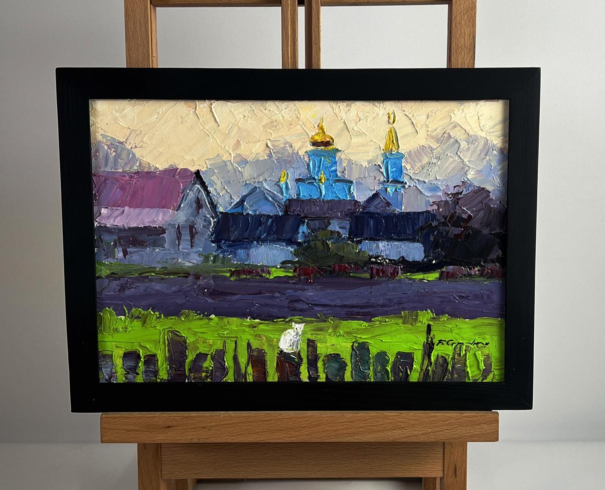 Oil painting Village white cat by Boris Serdyuk, vibrant impressionist village scene