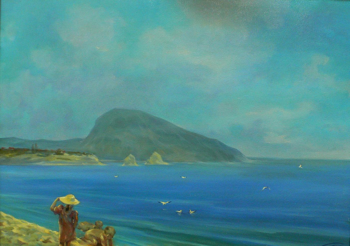 Oil painting by Vasily Korkishko: children near serene coastal waters