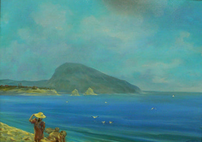 Oil painting by Vasily Korkishko: children near serene coastal waters