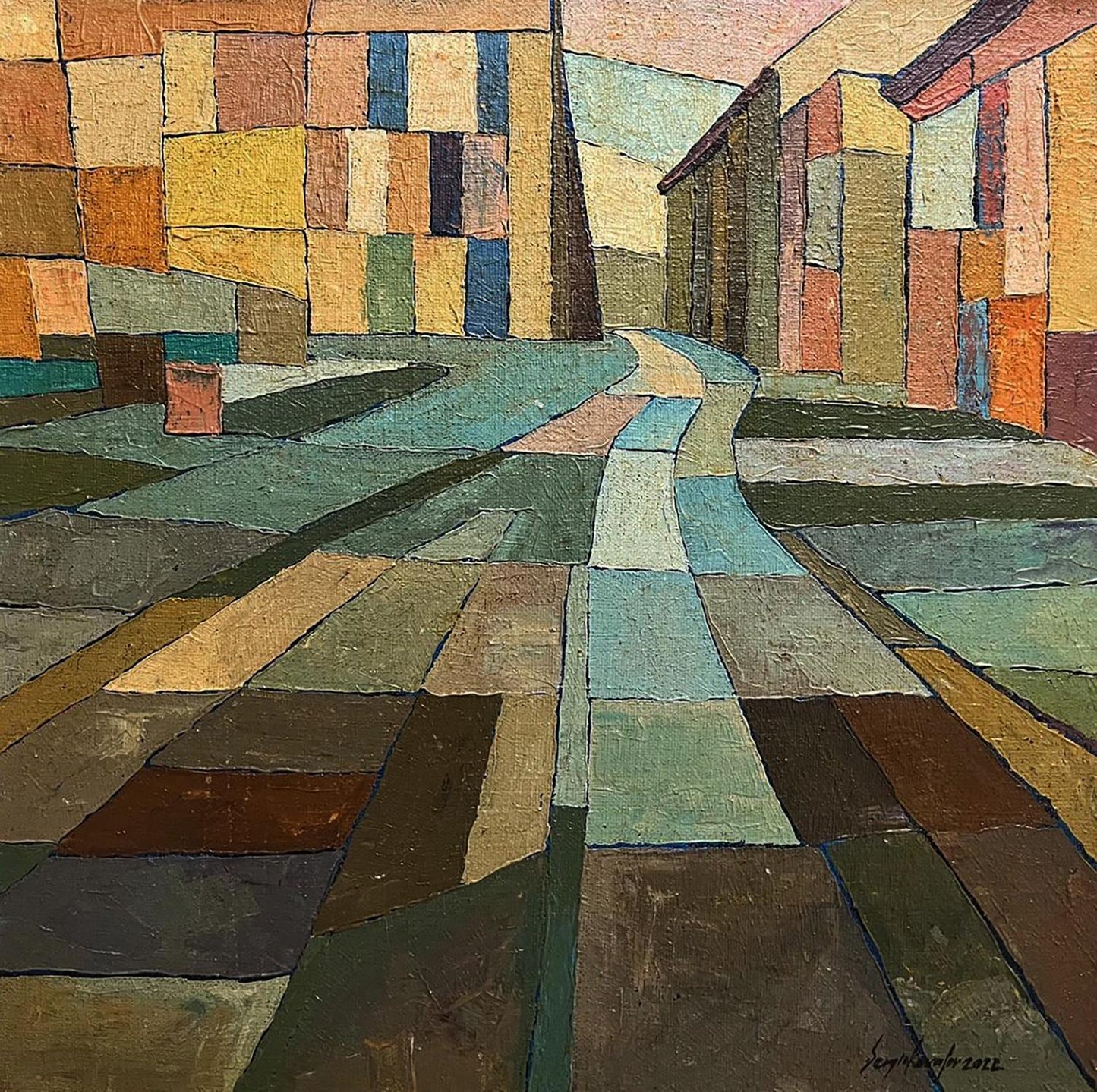 Oil painting The road to the square by Serhiy Kovalev, abstract geometric street scene