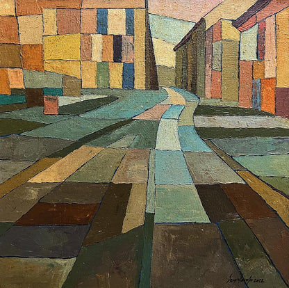 Oil painting The road to the square by Serhiy Kovalev, abstract geometric street scene