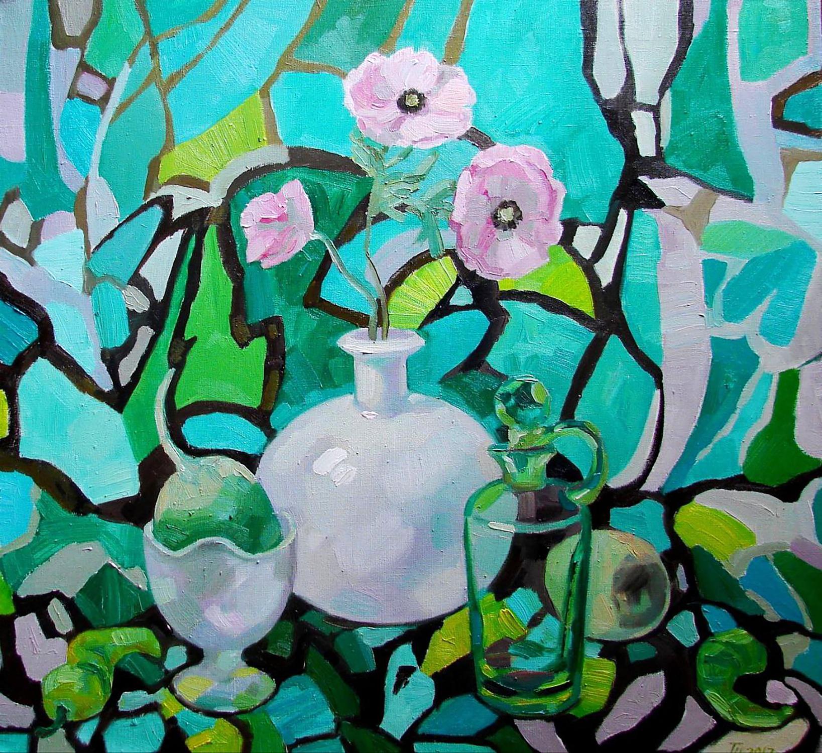 Oil painting Emerald still life by Tatyana Shulyak with pink flowers vase