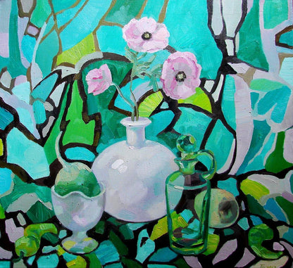 Oil painting Emerald still life by Tatyana Shulyak with pink flowers vase