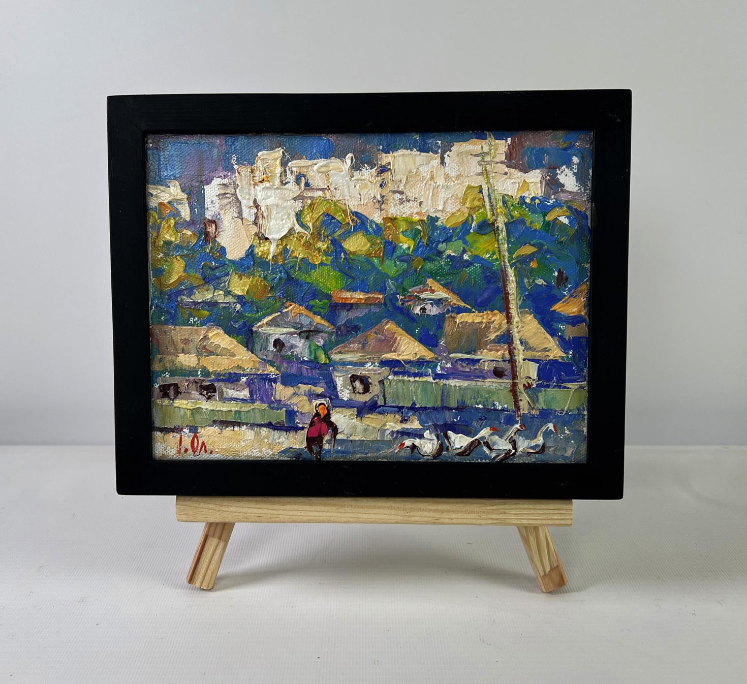 Oil painting by Oleksiy Ivanyuk: sunlight through village houses