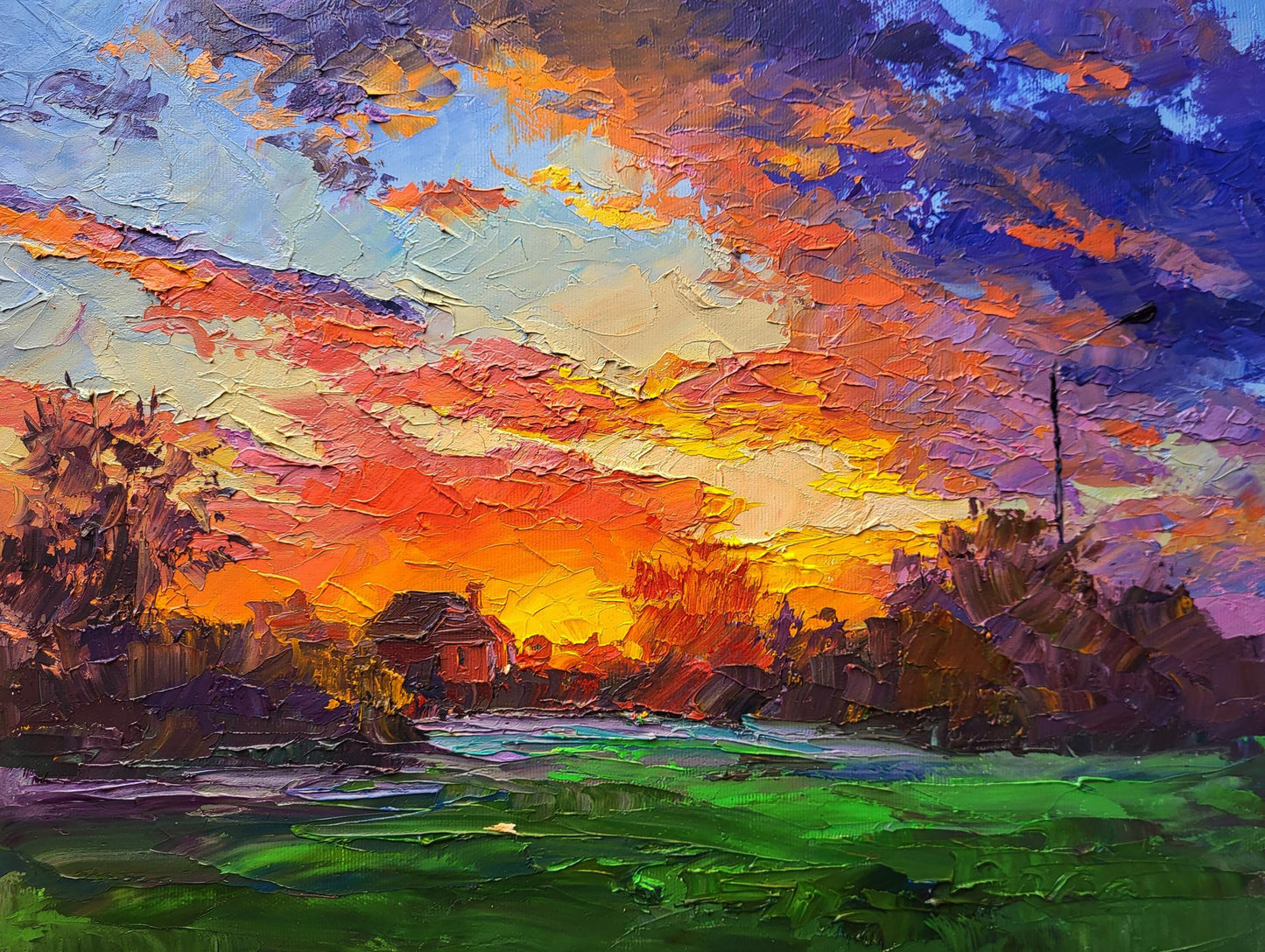 Vibrant impressionist oil painting of multicolored sunset clouds by Boris Serdyuk