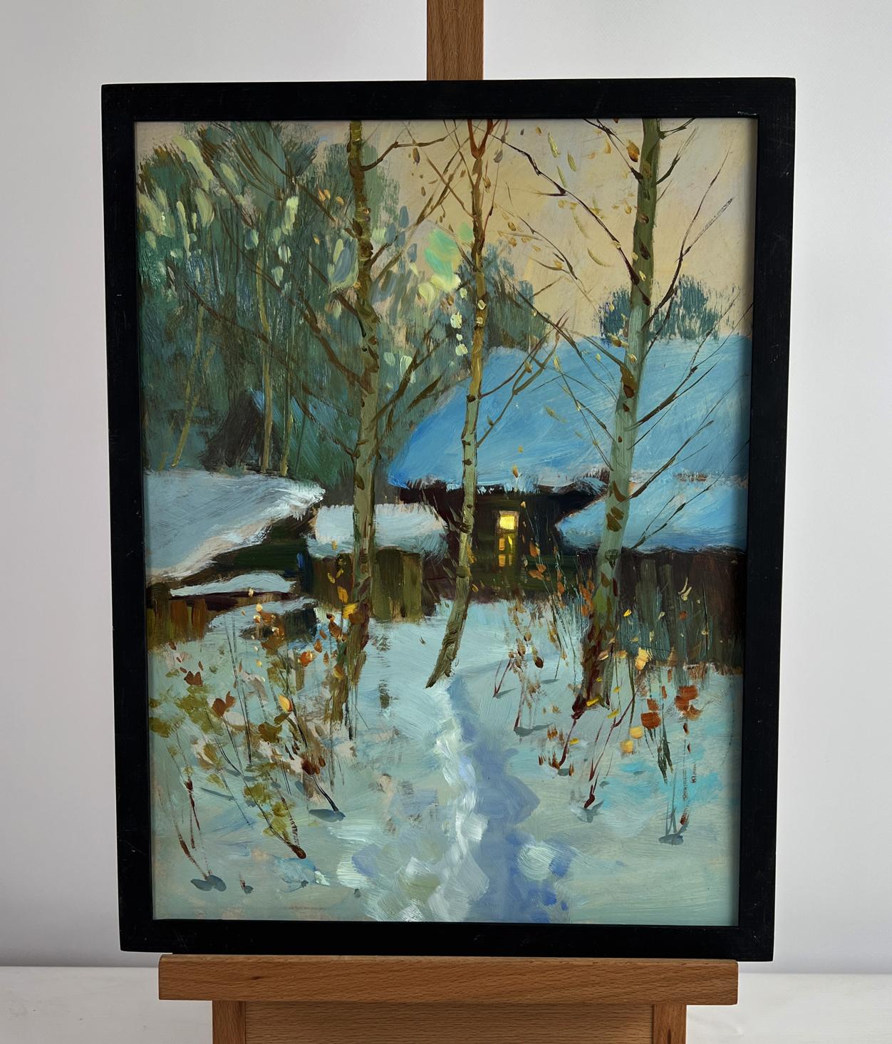 Oil painting of winter sunset cabin by Yuriy Suprunchuk in black frame