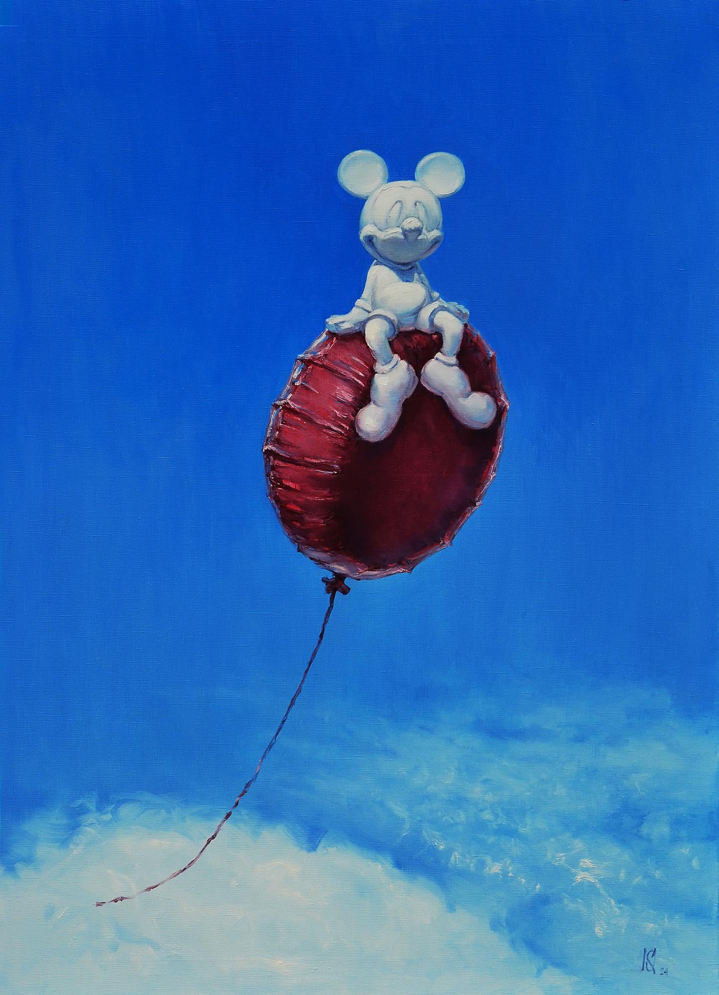 White Mickey Mouse figurine on glossy red hot air balloon, blue sky oil painting by Oleg Kateryniuk