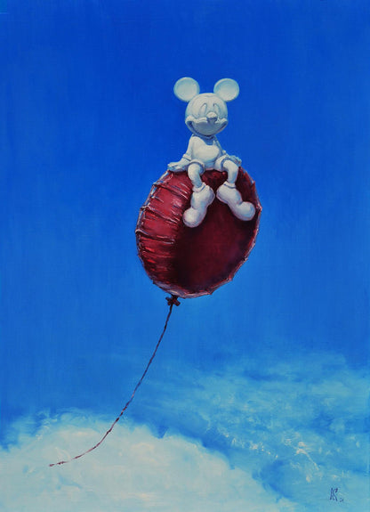 White Mickey Mouse figurine on glossy red hot air balloon, blue sky oil painting by Oleg Kateryniuk