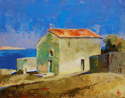 Impressionistic oil painting of white church with orange roof by Egor Shvachunov
