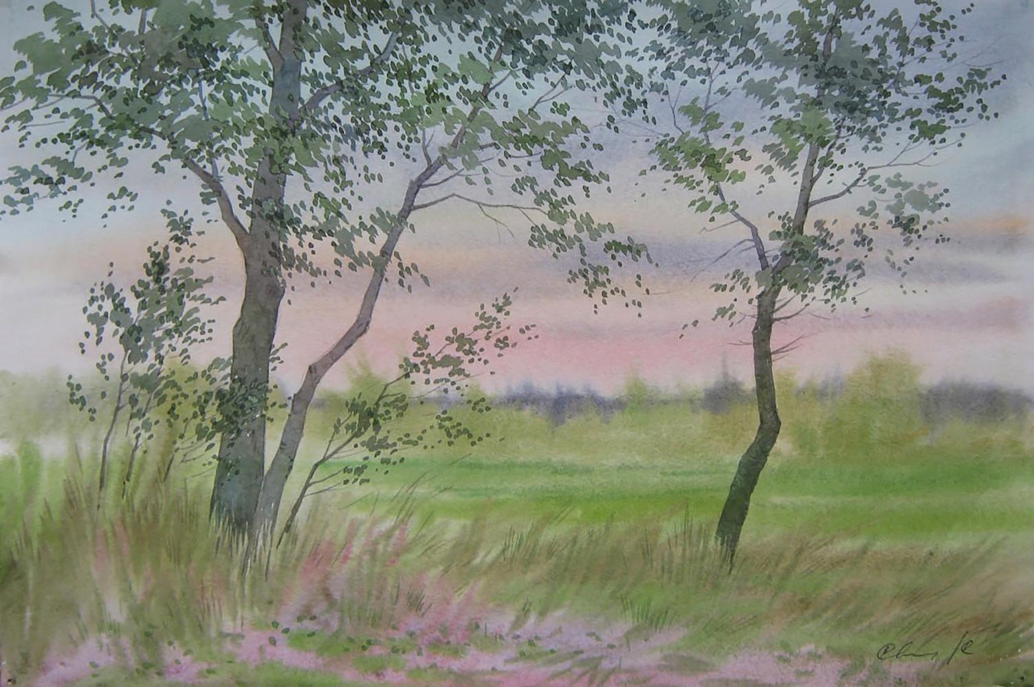 Watercolor painting of pink sunset in field by Valery Savenets