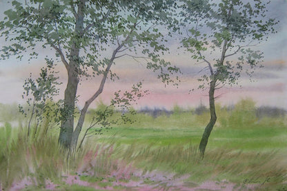 Watercolor painting of pink sunset in field by Valery Savenets